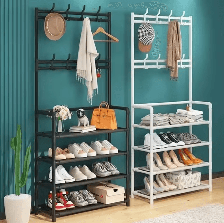 Multi Layer Clothes & Shoe Rack | Floor Standing Organizer With DIY Doorway Hanger Shelf 2pc 5 L black