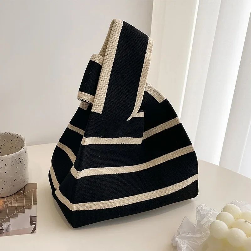 Womens Knitted Stripe Tote Handbag Reusable Mini Shoulder & Wrist Bag For Students, Casual Eco Friendly Shopper yellow