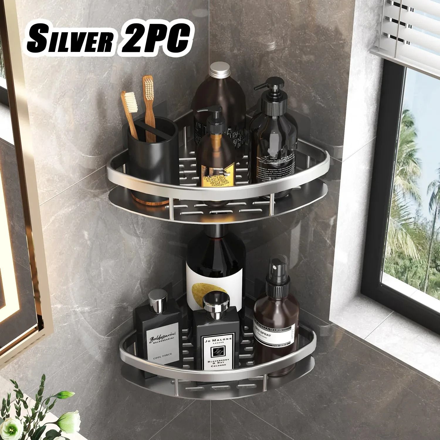 No Drill Aluminum Bathroom Shelf Corner Shower Storage Organizer silver 2 Pcs