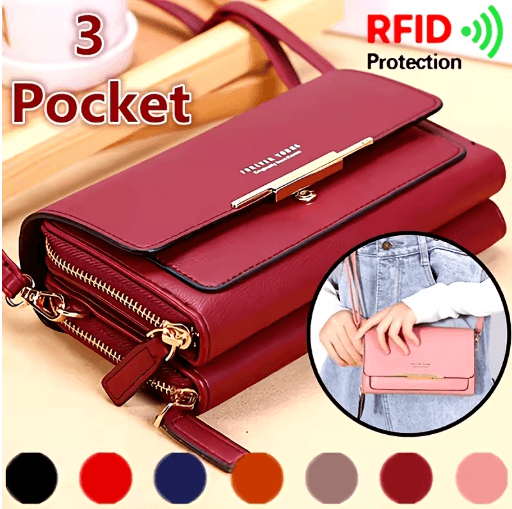 Fashionable RFID Crossbody Bag Mobile Phone Bag, Card Wallet & Coin Purse In One red