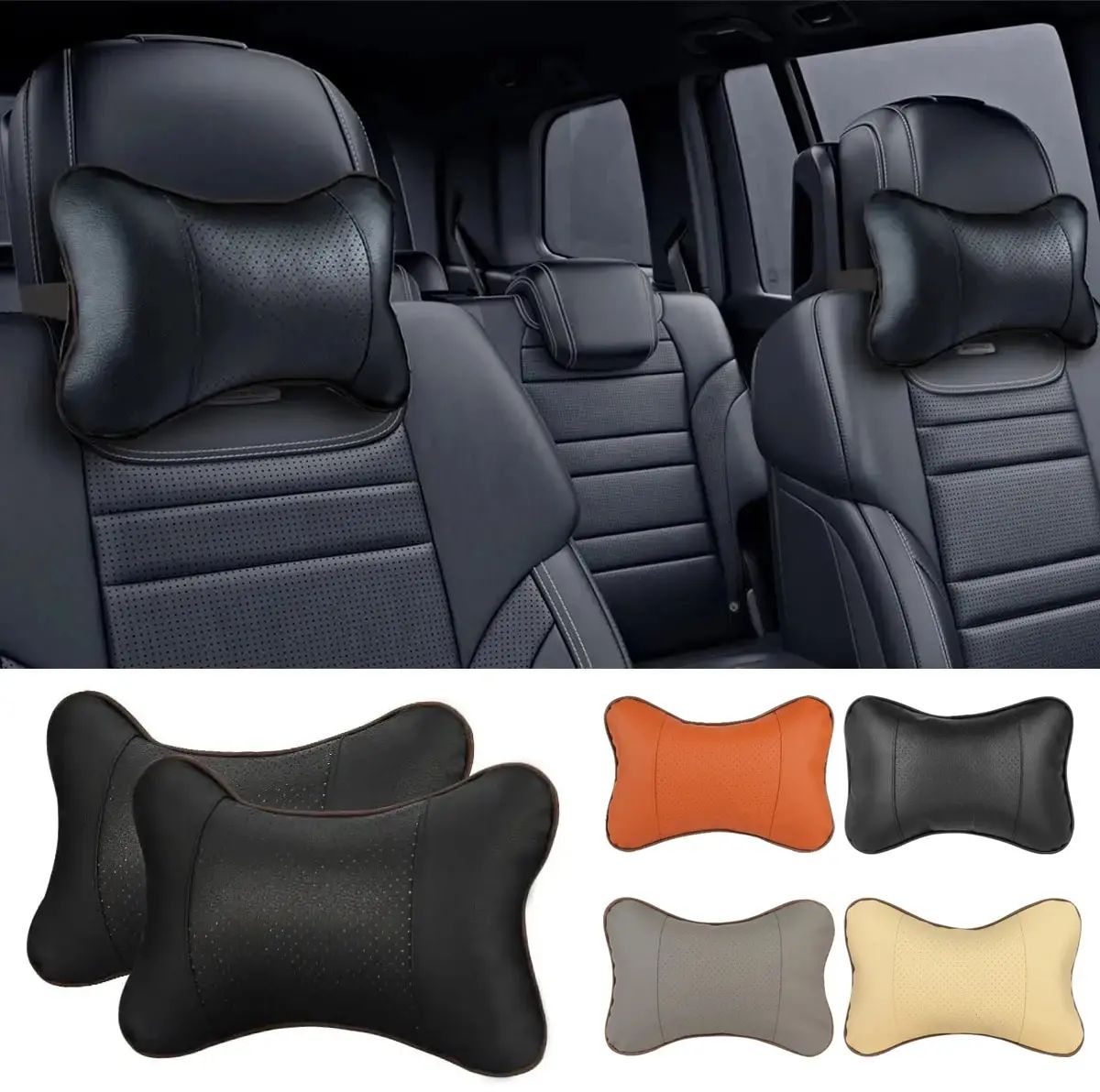PU Leather Car Neck Pillow Headrest rice White