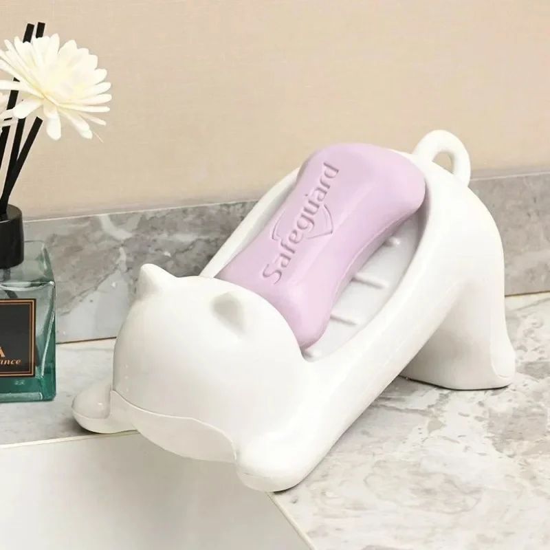 WhimsyDrain Cat & Turtle Self draining Soap Tray Cute Plastic Soap Box For Bathroom & Kitchen white