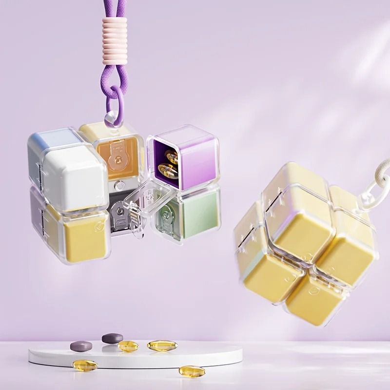 Magic Cube 8 Grid Pill Organizer Box With Hanging Rope Moisture Proof Travel Medicine Storage purple