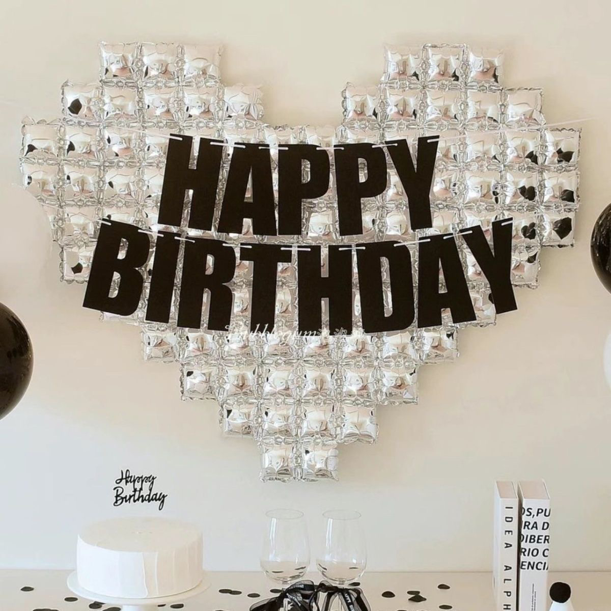 Happy Birthday Decorations Black Glitter Banner Oversized Silver Mosaic Heart Balloons Happy Birthday Decorations Black Glitter Banner Oversized Silver Mosaic Heart Balloons