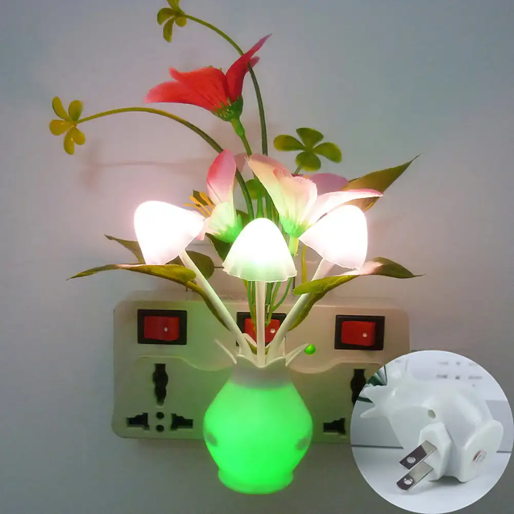Energy Saving LED Night Light With Auto Sensor Rose Flower Mushroom Plug In Lamp For Bedroom Bathroom Living Room e