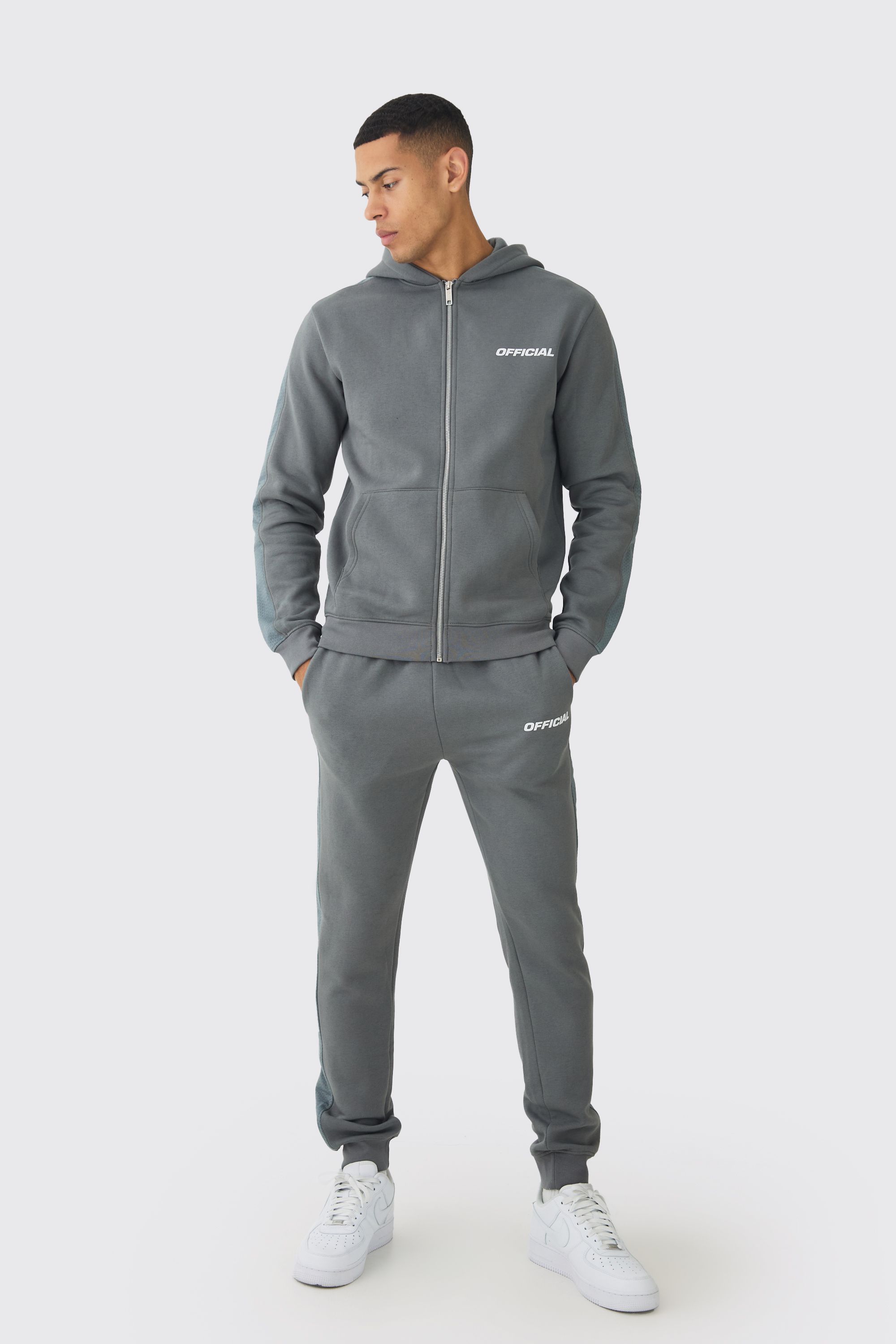 Boohooman Mens Slim Fit Official Zip Through Mesh Panelled Hooded Tracksuit - Dark Grey Cotton - Size X-small