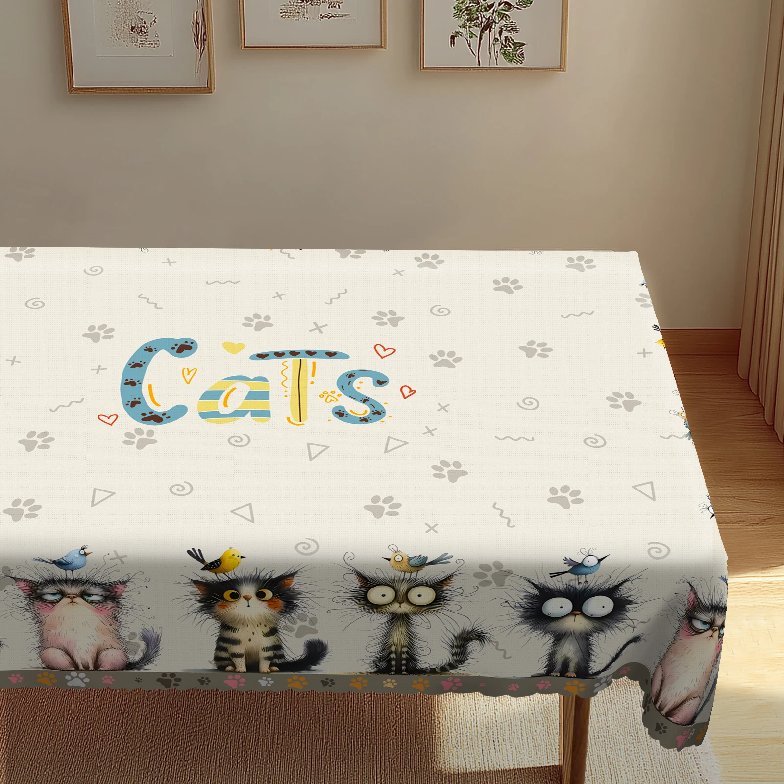 1 Stück skurrile Tischdecke für Katzen und Vögel – strapazierfähiges Polyester, rund und rechteckig, ideales Geschenk für Katzenliebhaber, Katzendekoration Image