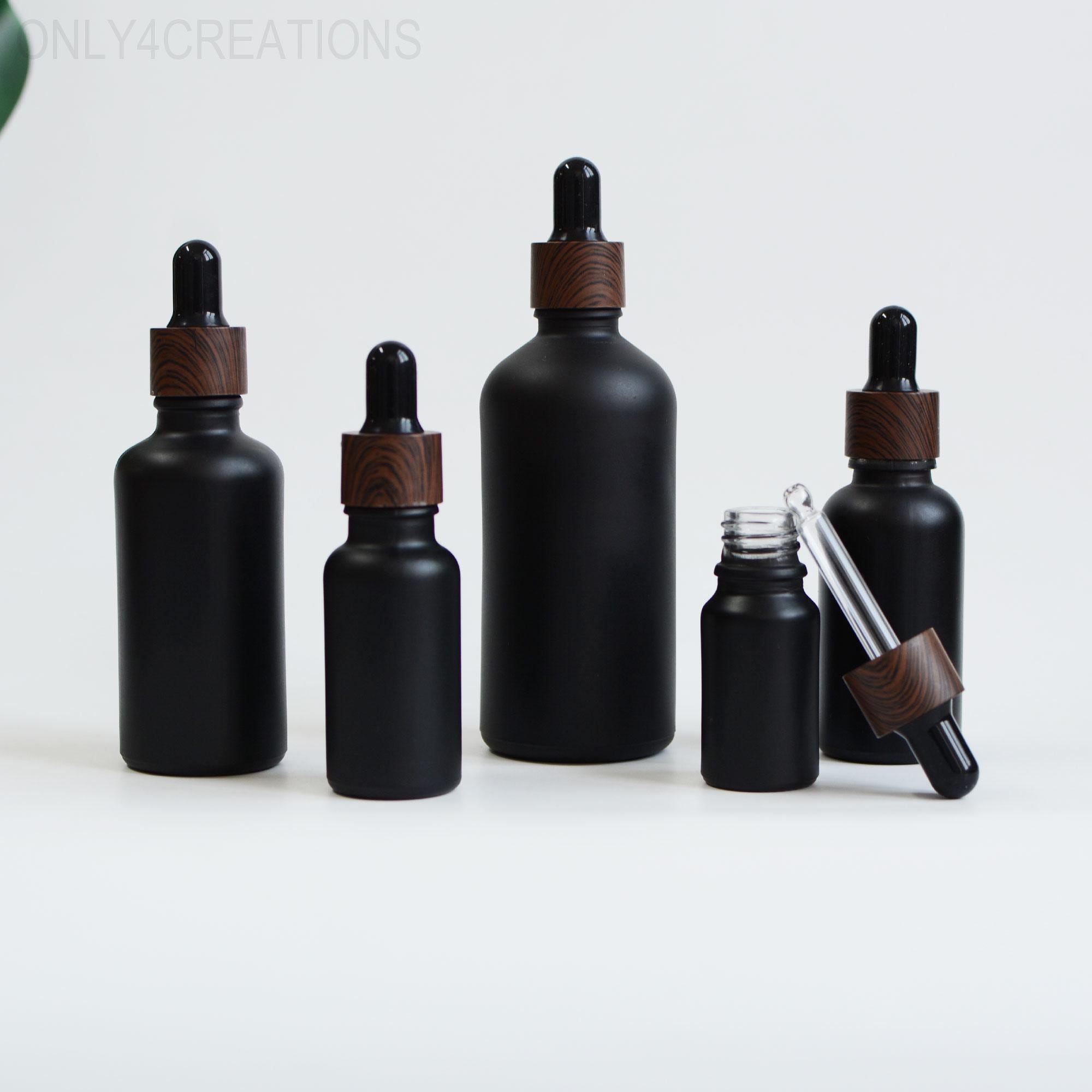Flacone contagocce in vendita a caldo da 5 ml, 10 ml, 15 ml, 20 ml, 30 ml, 50 ml, 100 ml, flacone nero satinato, effetto legno, tappo nero per imballa