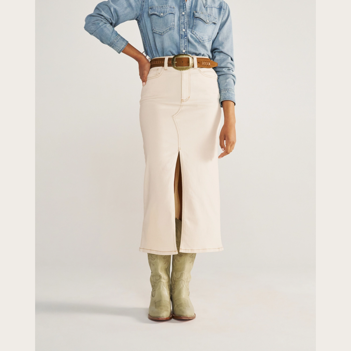 Tecovas Women's Midi Denim Skirt, Natural, 33