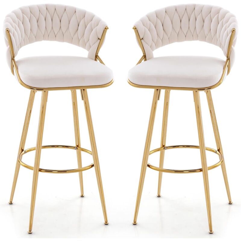 Relax4life - Set 2 Sedie Bar In Velluto, Sgabello Bar Alto Con Seduta Imbottita, Gambe In Metallo Oro, Seggiolone Per Isola Centrale, Cucina, Sala Da Pranzo, Seduta 73 Cm, Portata 200 Kg, Bianco