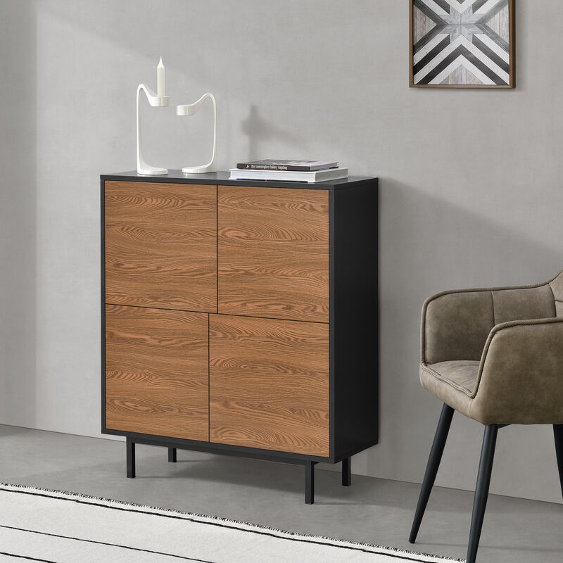 Mobile Per Soggiorno/ingresso/ufficio, Comò (axlaxp) 93x80x30 Cm Armadietto A 4 Ante Con Apertura A Pressione Push-to-open, Mobile A Terra Con Gambe In Metallo - Nero/effetto Legno Scuro