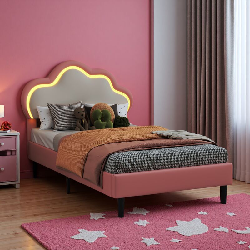 Letto Imbottito, Letto Singolo 90 X 200 Cm, Struttura Letto A Led Con Testiera A Forma Di Nuvola, In Similpelle, Rosa, Senza Materasso