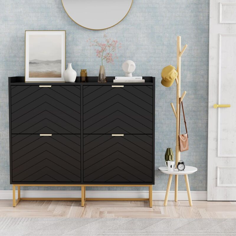 Uev Scarpiera Con 4 Ribalte, Scarpiera Stretta, Montaggio A Soffitto Con Recinzione, Ripiano Regolabile In 2 Posizioni, Per Corridoio, Soggiorno, 100x24x91 Cm, Nero