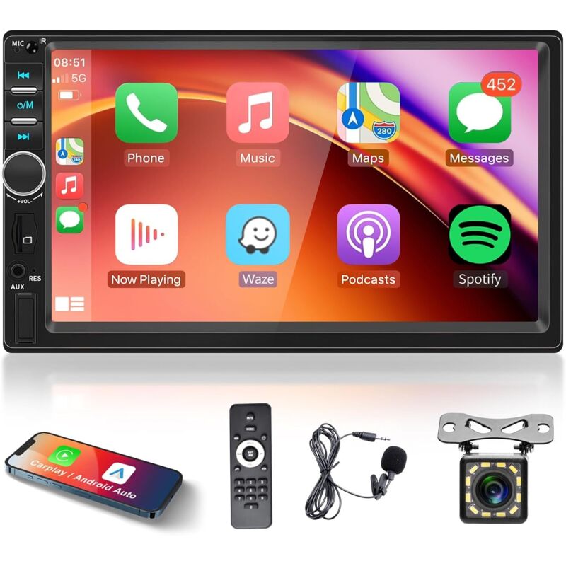 Autoradio 2 Din Apple Carplay Con Android Auto, Bluetooth, Vivavoce, Touchscreen Da 7 Pollici, Mirror Link, Fm/usb/aux/eq/tf, Comandi Al Volante + Telecamera Posteriore, Microfono, Telecomando