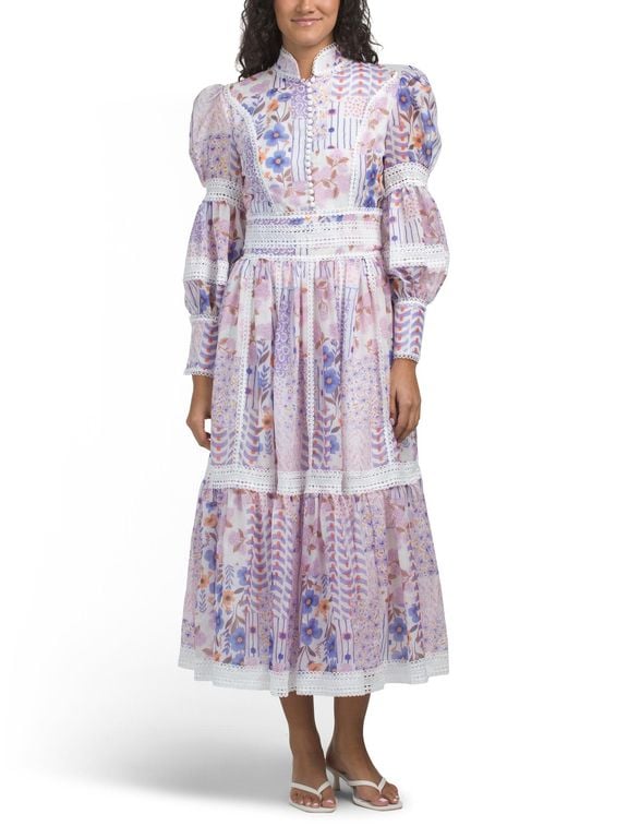 Long Sleeve Floral Lace Trim Maxi Dress For Spandex/Polyester - Purple - Tj Maxx Dresses