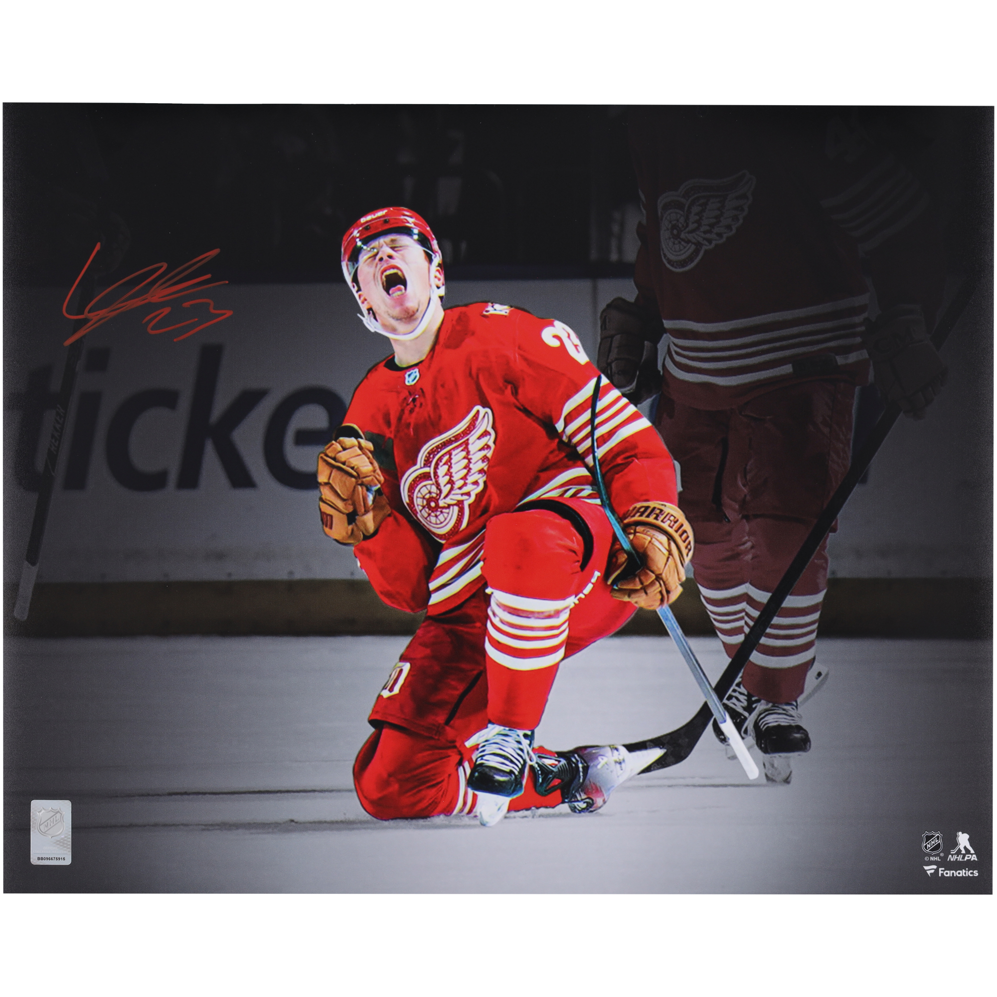 Lucas Raymond, Detroit Red Wings – Autogramm auf einem 16" x 20" großen Foto zur Feier seines 100. Tores Image