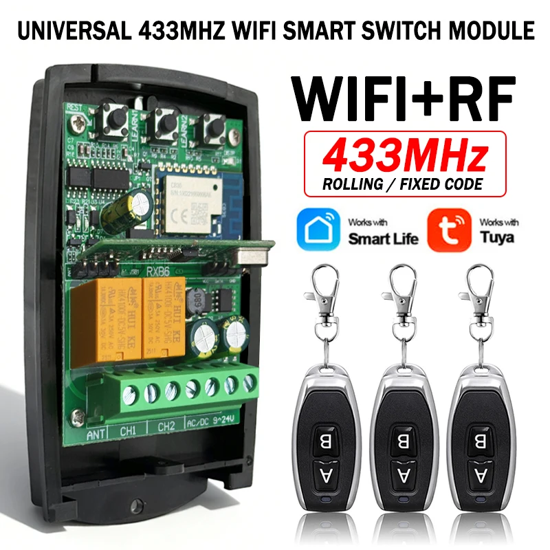 Neuer universeller Tuya 433MHz 433,92MHz Garagentor-/Torfernbedienungsempfänger mit festem Rolling-Code, 2-Kanal-WLAN-Smart-Switch-Modul mit Relais Image