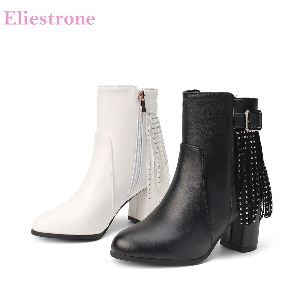Neue Winter Bequeme Weiß Schwarz Frauen Stiefeletten Heißer Hohe Block Heels Büro Dame Schuhe Plus Kleine Große Größe 33 12 43 46 52