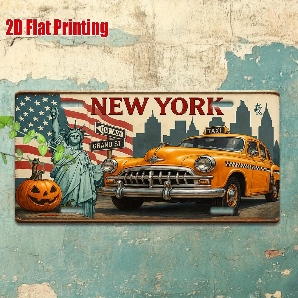 2D flach, 1-teiliges Vintage-Nummernschild aus Metall von New York – Retro-Taxi und Freiheitsstatue – Garage mit New York-Motiv, Café, Image
