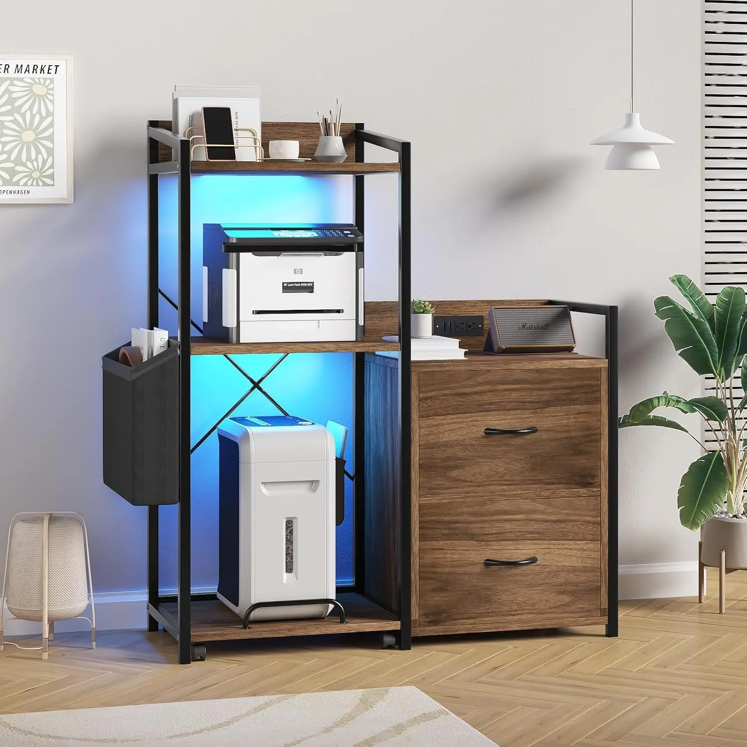 3-stufiger Druckerständer, Aktenschrank mit LED-Beleuchtung und Ladestation, Regal mit zwei Schubladen für das Wohnen im Home Office