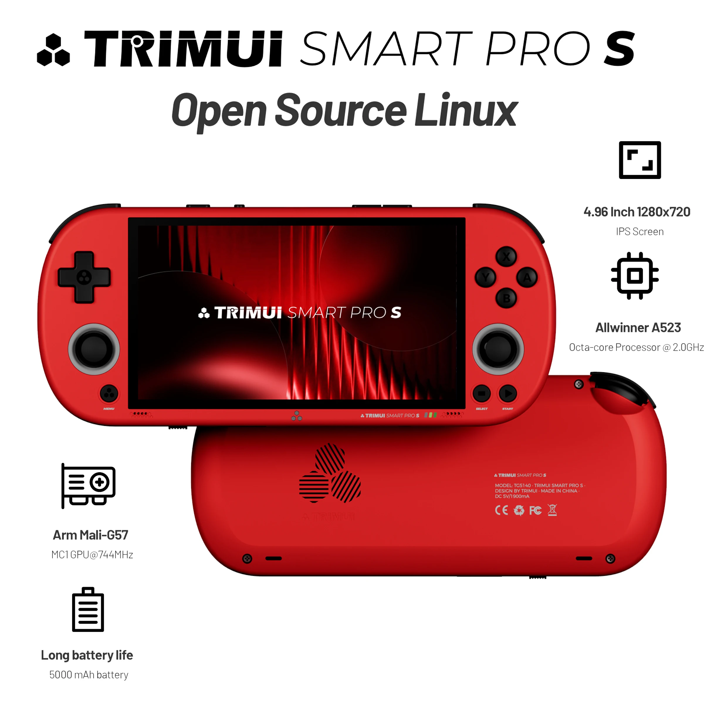 TRIMUI SMART PRO S Tragbare Spielekonsole, 4,96-Zoll-IPS-Bildschirm, 5000-mAh-Akku, RGB-beleuchteter Joystick, ON-Karte/64G/128G Geschenke Image