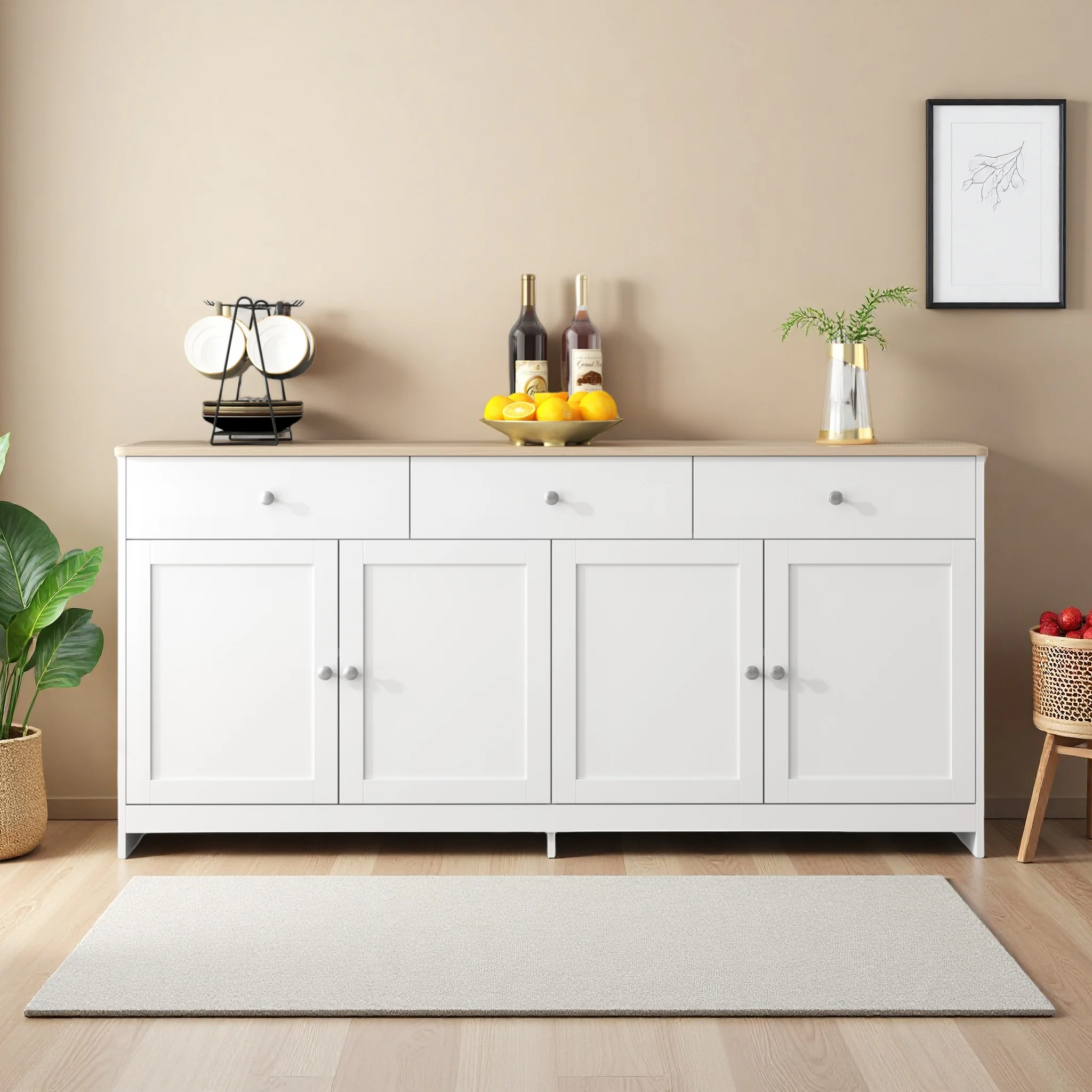 Rosahqnda Küchensideboard Buffetschrank, 160cm Rustikaler Aufbewahrungsschrank mit Schubladen & Verstellbaren Regalen für Ess- und Wohnzimmer, Weiß