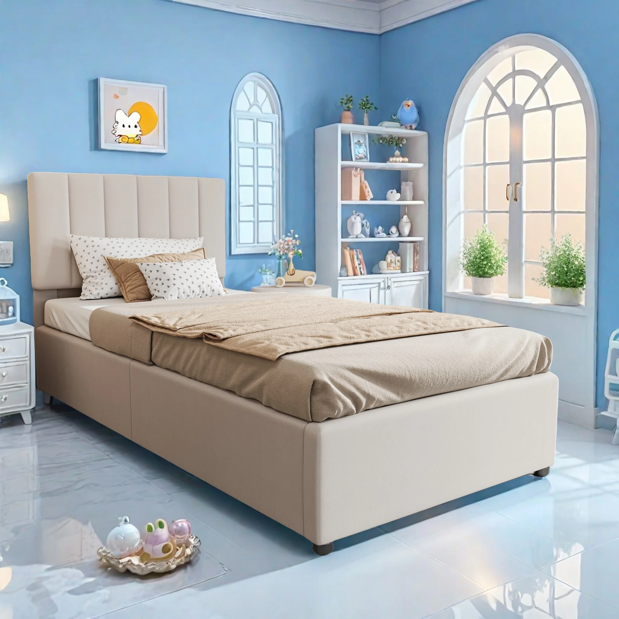 Rosahqnda Kinderbett 90x200 cm, Polsterbett, Einzelbett, für Jungen und Mädchen, hydraulisches Stauraumbett, Leinen, ohne Matratze