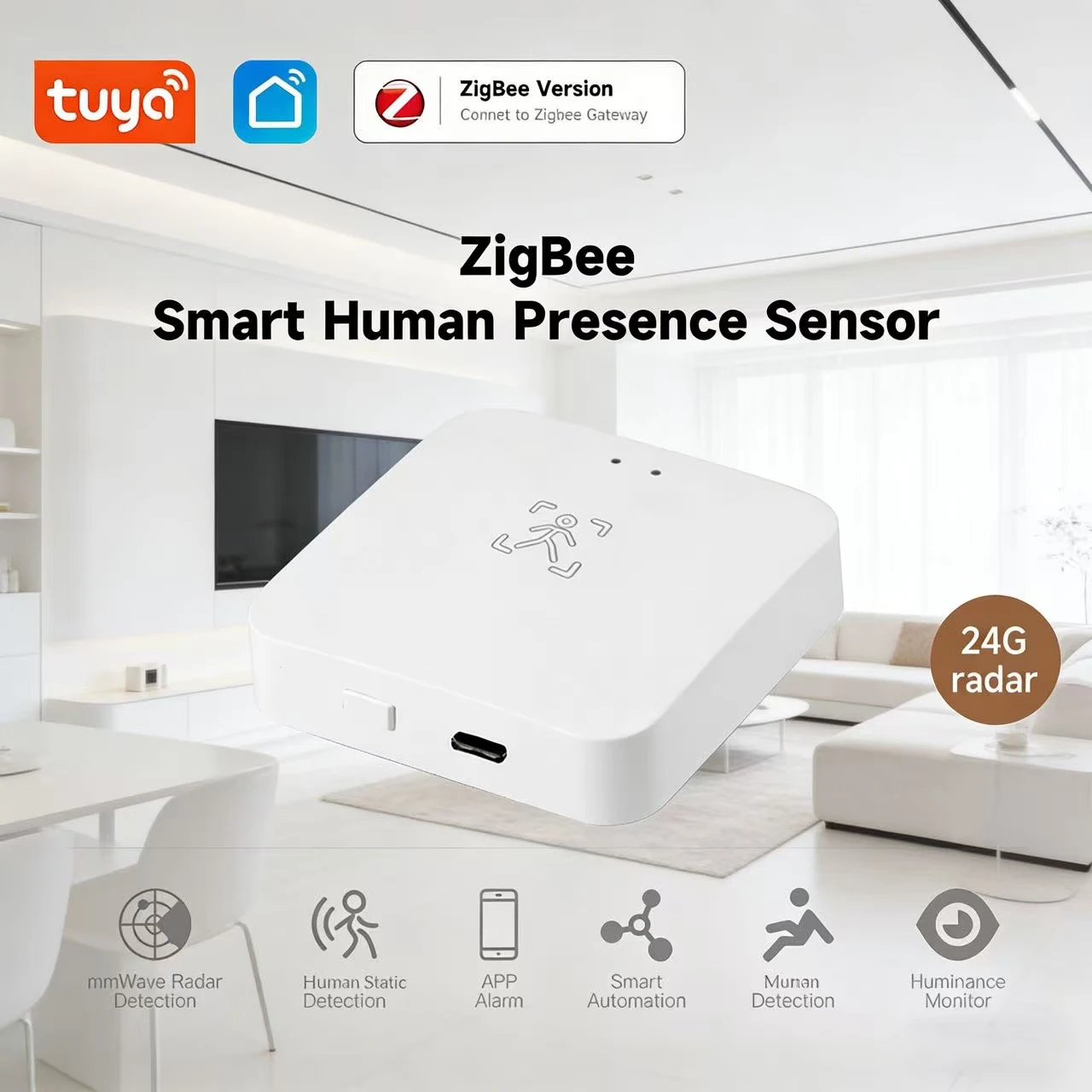 24G Smart Human Body Sensor Tuya Zigbee Radar Detector Human Presence Detector Support Alexa Google Assistant Home Automation