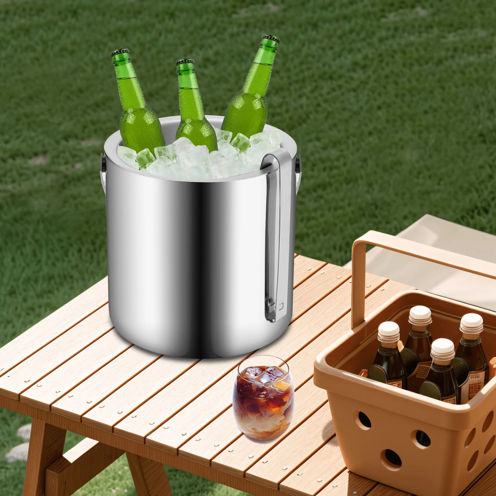 1,3 l Eiskübel, Champagner-Kühler, Eiskübel, doppelschichtiger Edelstahl mit Deckel für Grill, Picknicks, Partys, Bars Image