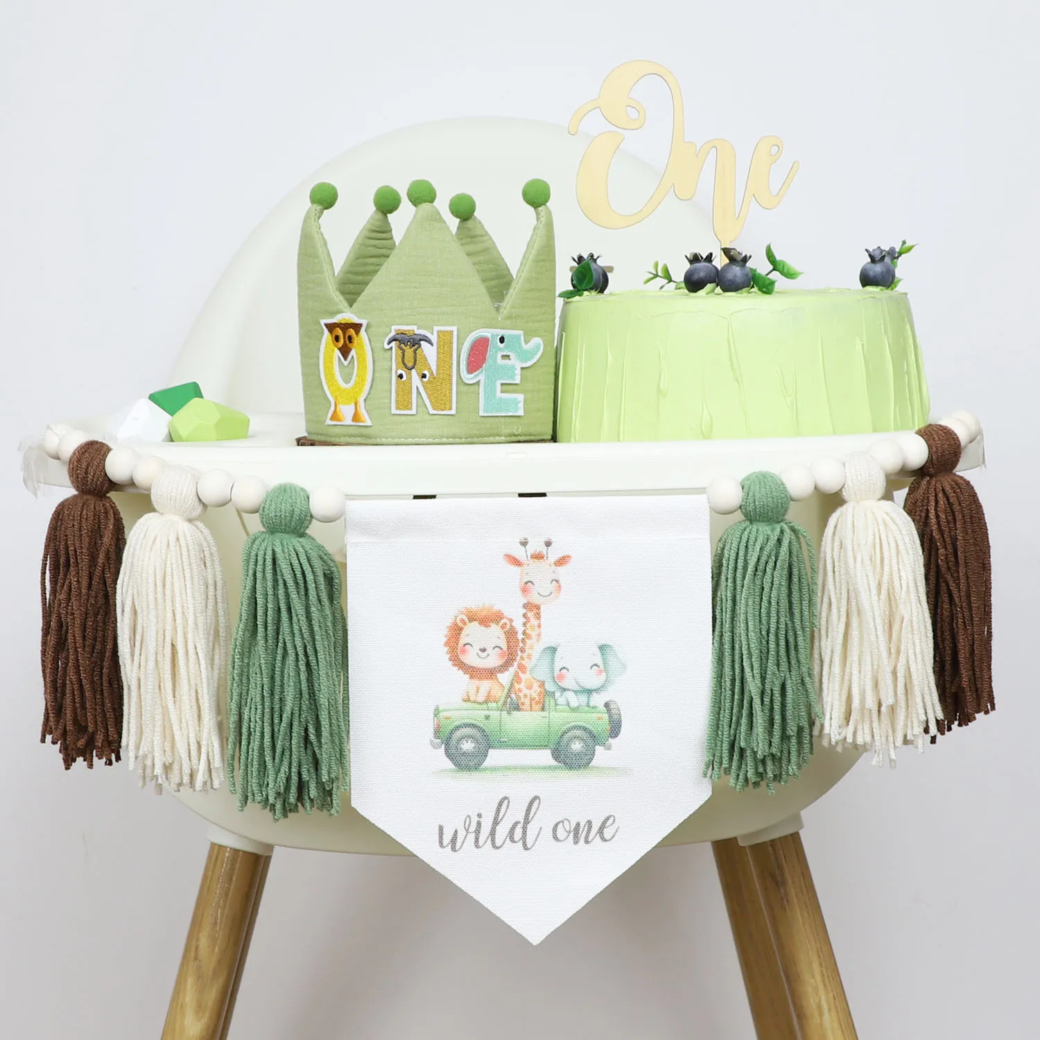 Grüner 1. Geburtstag Hochstuhl Banner Party Dekoration Holzperlen Quaste Girlande Löwe Krone Hut dekorativ für Kinder Jungen Schlafzimmer Image