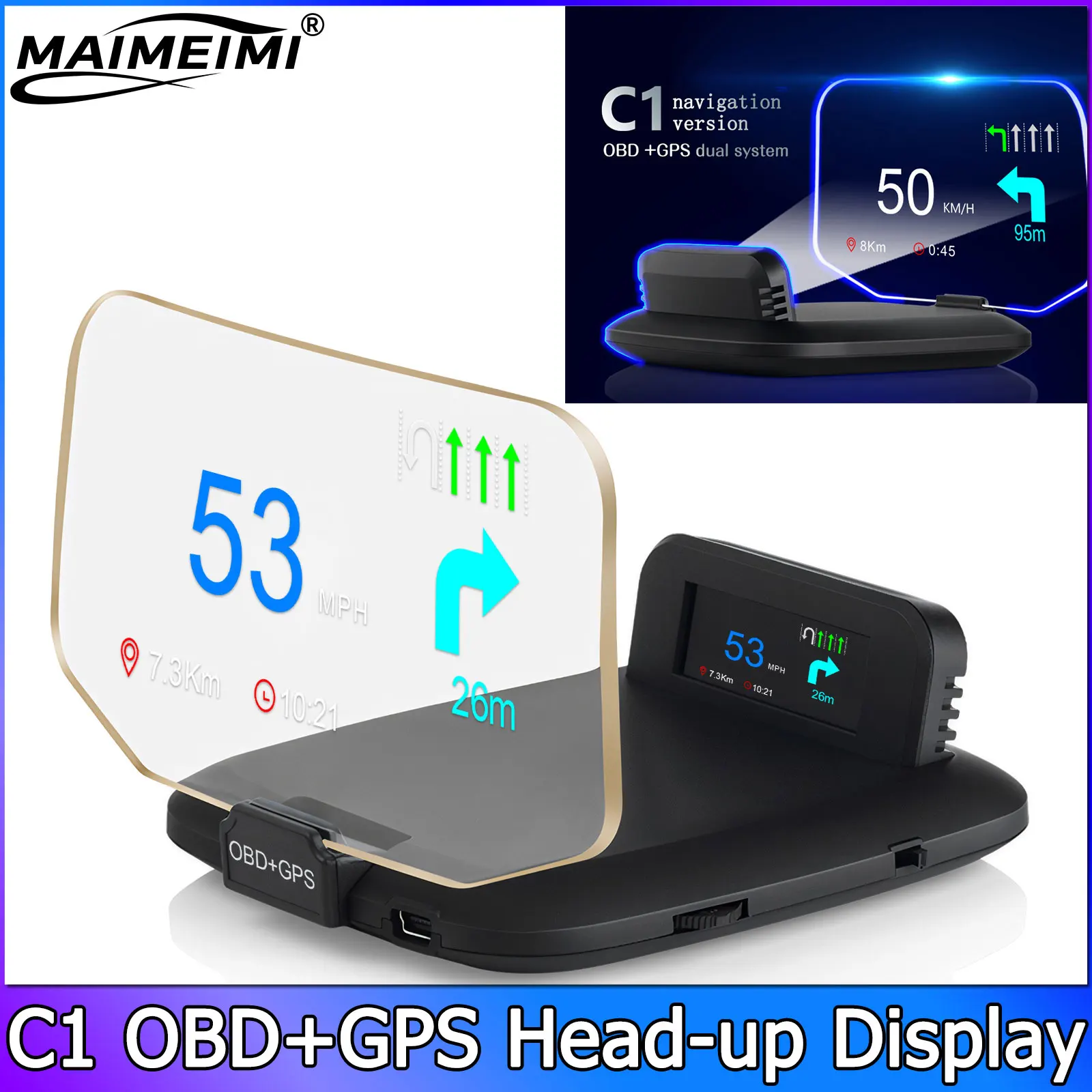 QC Navigationsprojektion C1 Auto OBD2 + GPS HUD Head-Up Display Auto Projektor Tachometer Wassertemperatur Spannung Drehzahl Alarm Image