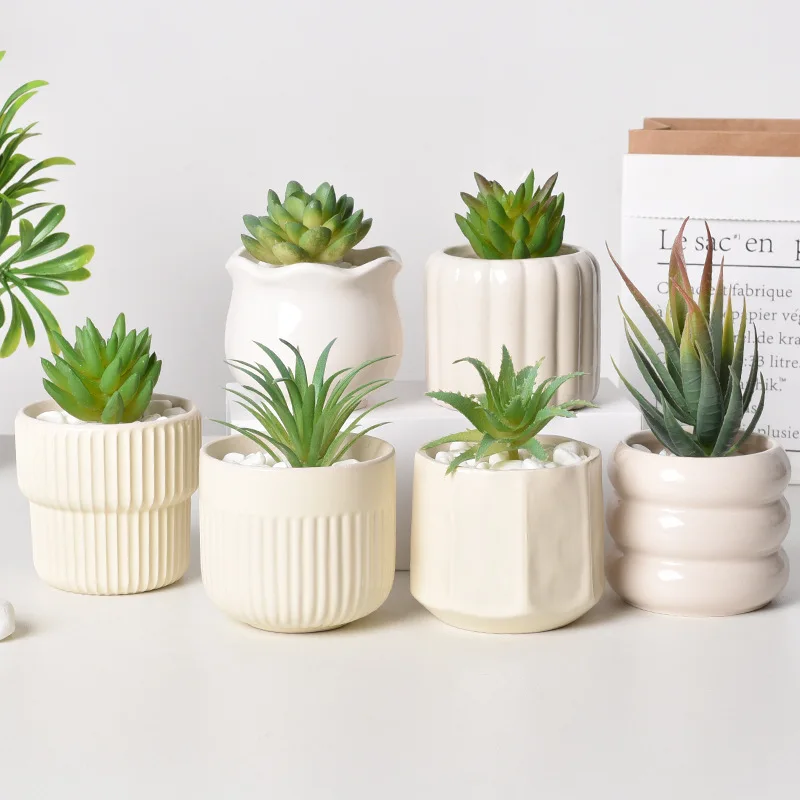 Selbstbewässernder Sukkulenten-Pflanzgefäß aus Keramik, weißer, minimalistischer Topf mit Drainageloch, Blumentopf für den Innenbereich für die Inneneinrichtung Image