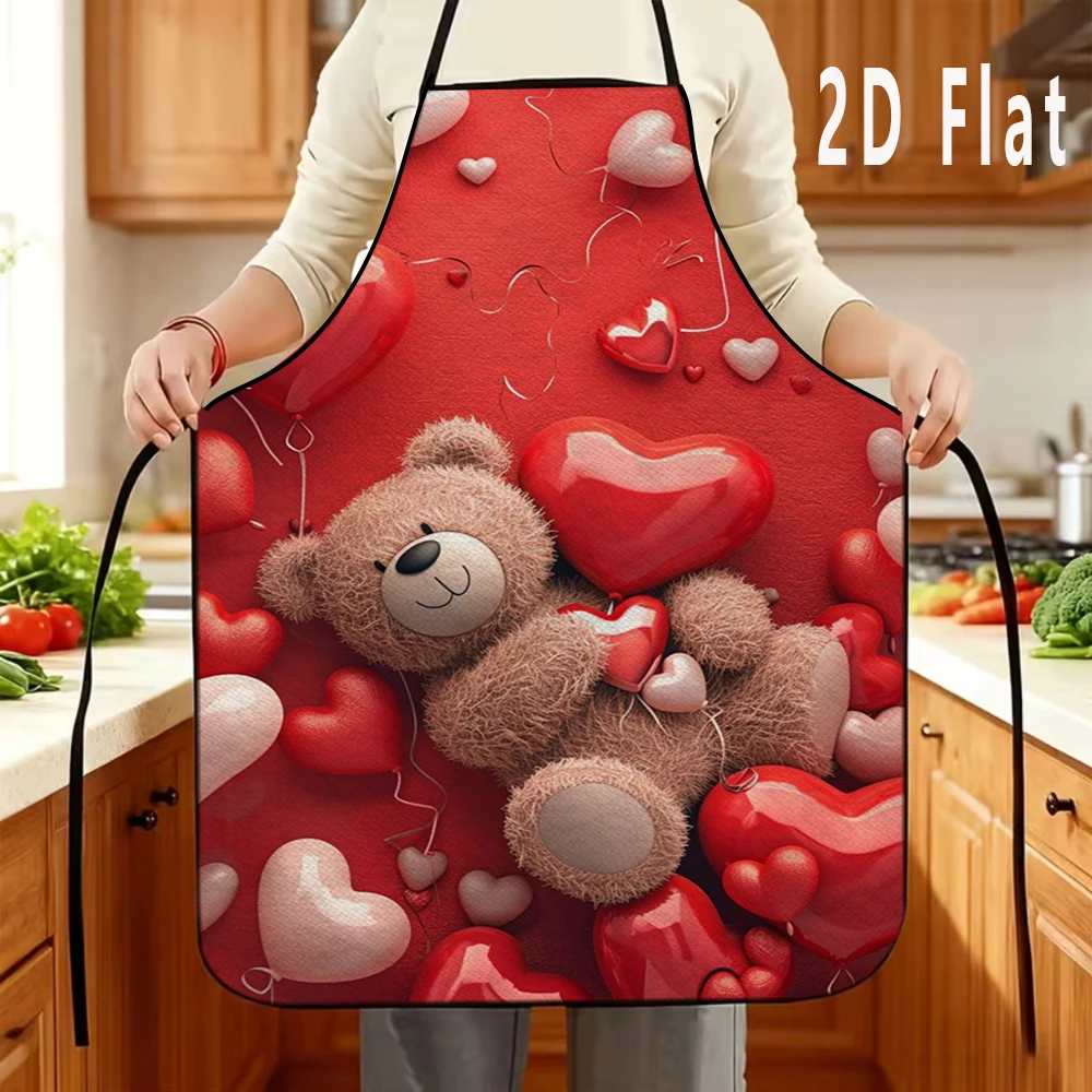 1 Stück 2D flache herzförmige Schürze mit Teddybär-Aufdruck, 60 x 80 cm, Küchen- und Restaurantschürze, Grillschürze, langlebig und leicht zu reinigen Image
