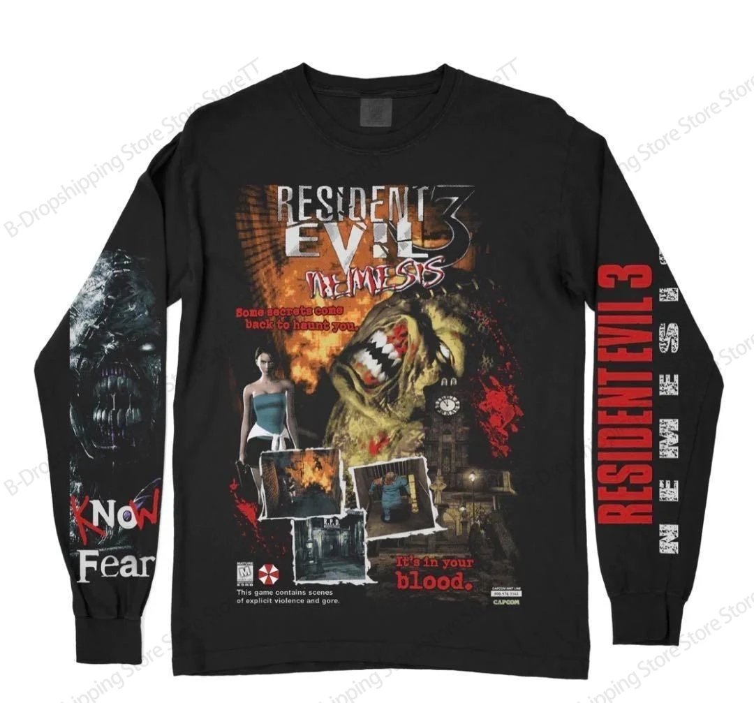 Mens Resident Evil Long Sleeve T-shirt Vintage Game 3D Print Tshirt Men Women Fashion O-Neck Sports Tops Tees Mens Clothing New