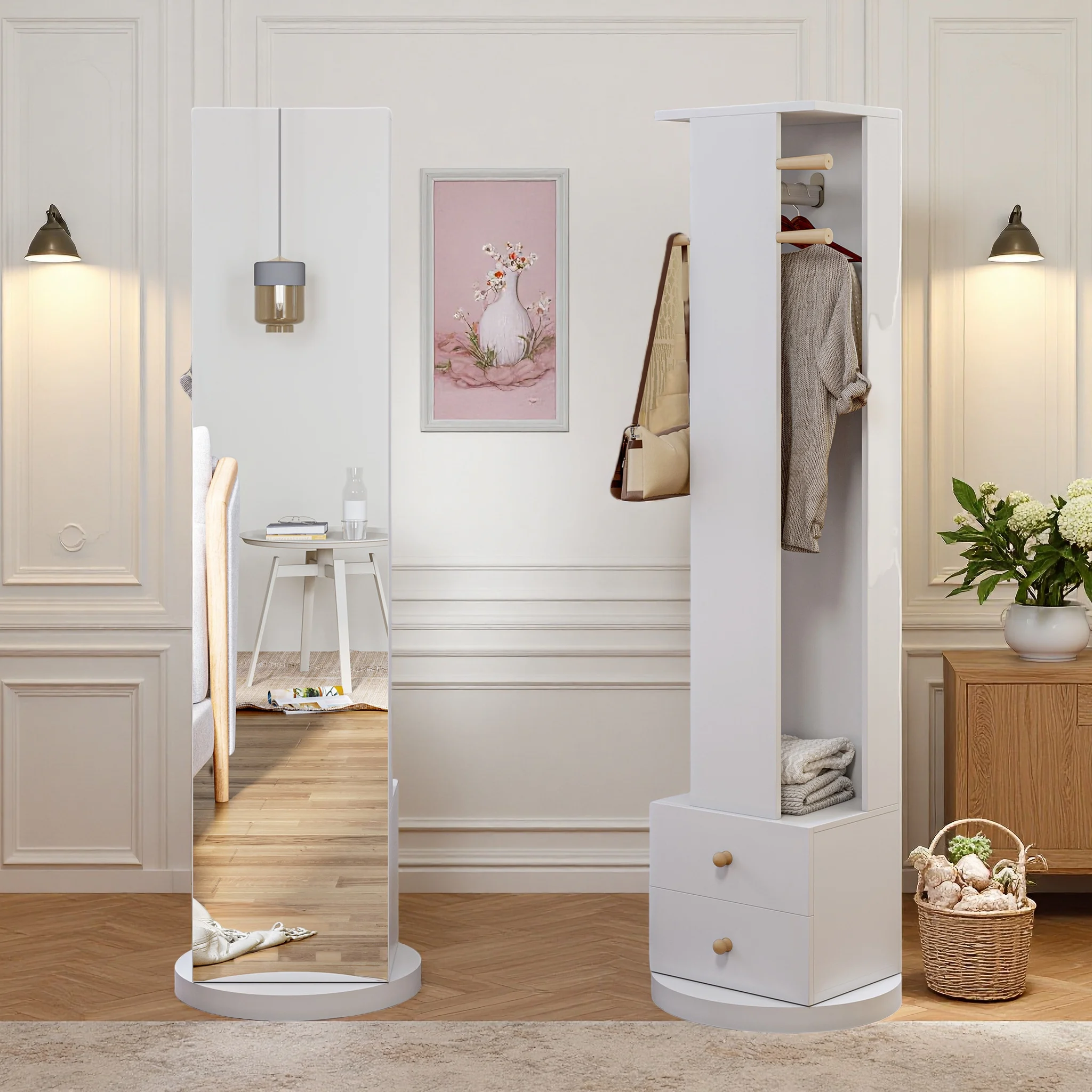 Freistehender Spiegel mit 360°-Schwenkfunktion und Kleiderhaken, 3-in-1-Spiegel mit integriertem Kleiderschrank, für Wohn- und Schlafzimmer.