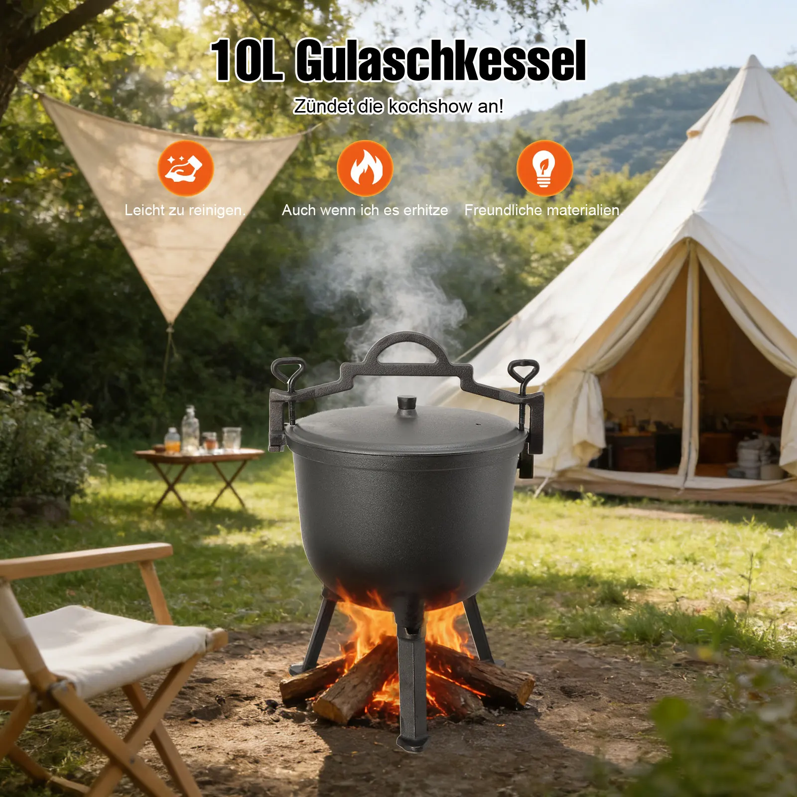 Calderone da caccia in ghisa 8/10L Pentola da campeggio per appendere all'aperto Pentola a pressione per esterni Treppiede Pentola da campo Grande pentola per stufato Pentola per zuppa