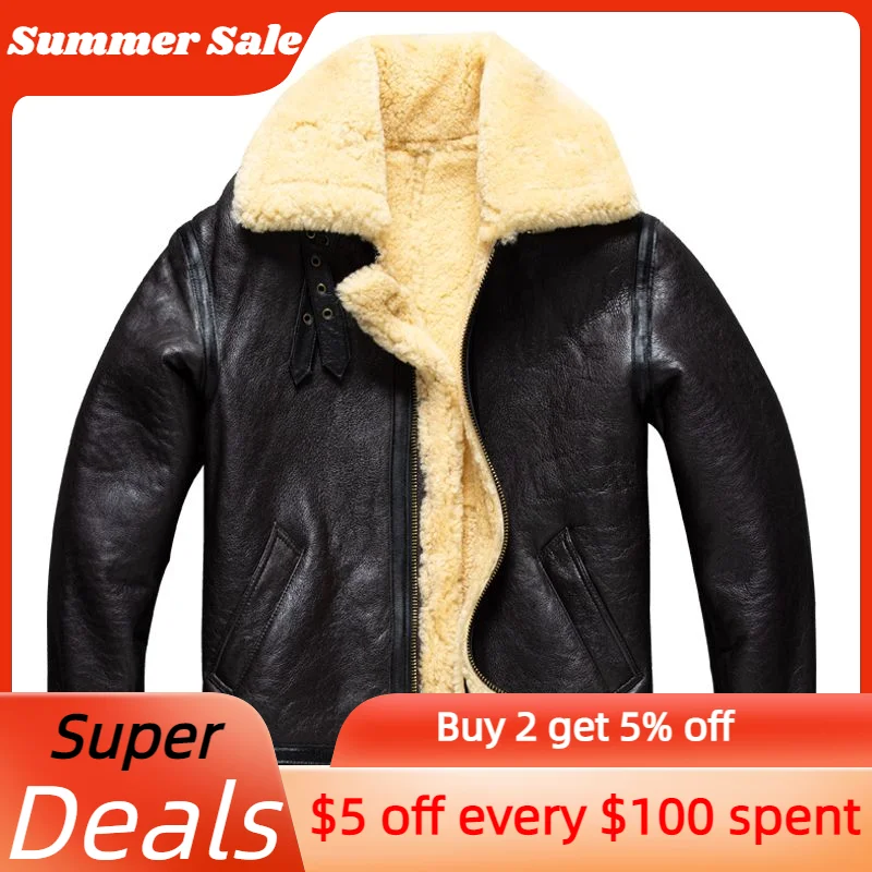 Giacca in Shearling da uomo invernale marrone scuro stile militare Plus Size 5XL in pelle di pecora naturale calda B3 Bomber cappotti in vera pelle