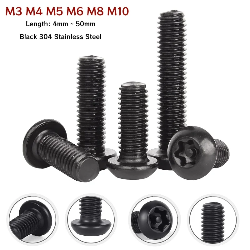 M3 M4 M5 M6 M8 M10 schwarzer Stift Torx-Halbrundkopfschraube aus Edelstahl mit sechs Lappen, Diebstahlsicherung, manipulationssicher, Sicherheitsschraube Image