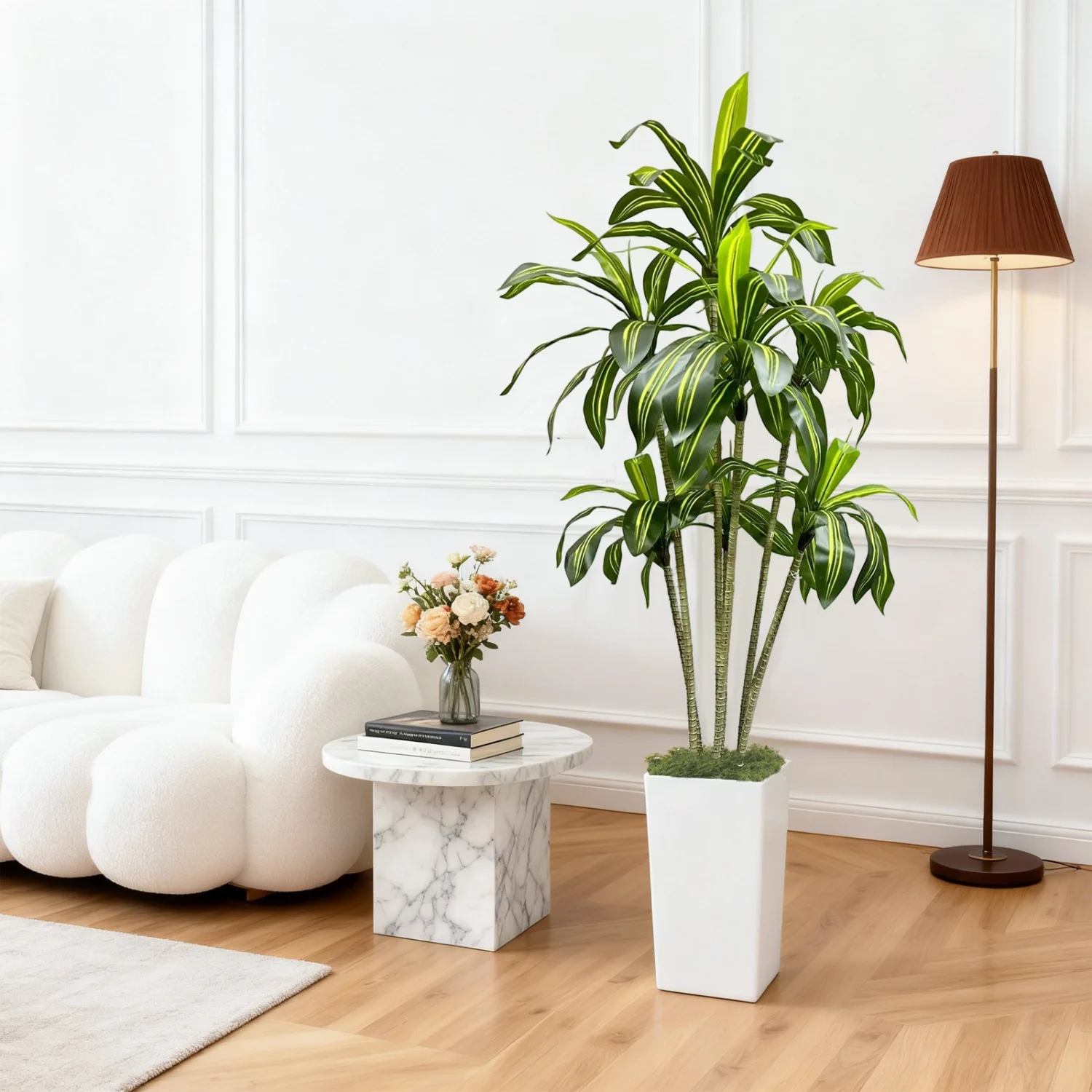 Albero Dracaena artificiale, albero del drago finto con fioriera alta bianca, piante finte da interno, albero artificiale per l'arredamento dell'home office