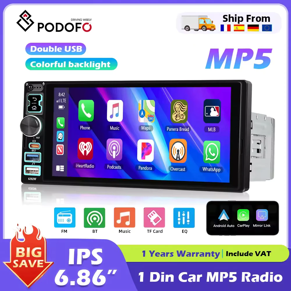 Podofo 6,8 Zoll Wireless CarPlay Android Auto Universal 1 Din Autoradio Multimedia Video Mirror Link MP5-Player FM-Empfänger BT Image