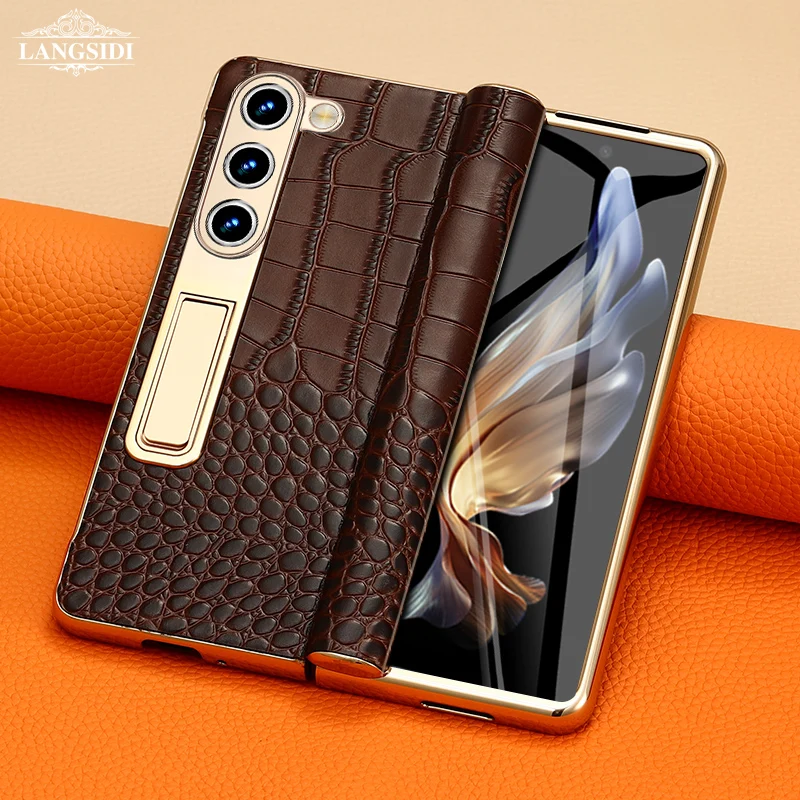 Leder-Handyhülle für Samsung Galaxy Z Fold 7, 6, 5, 4, 3, Fold6, Fold7, vergoldet, magnetisches Scharnier, Ständer, Rückseite mit Spiegelfolie