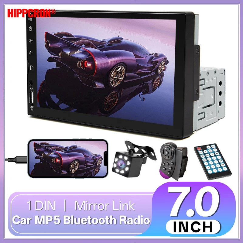 Hippcron 7 Zoll Autoradio 1 Din MP5-Player Spiegelverbindung Bluetooth Touchscreen HD Multimedia FM Aux-Eingang USB Universelles Autoradio Image