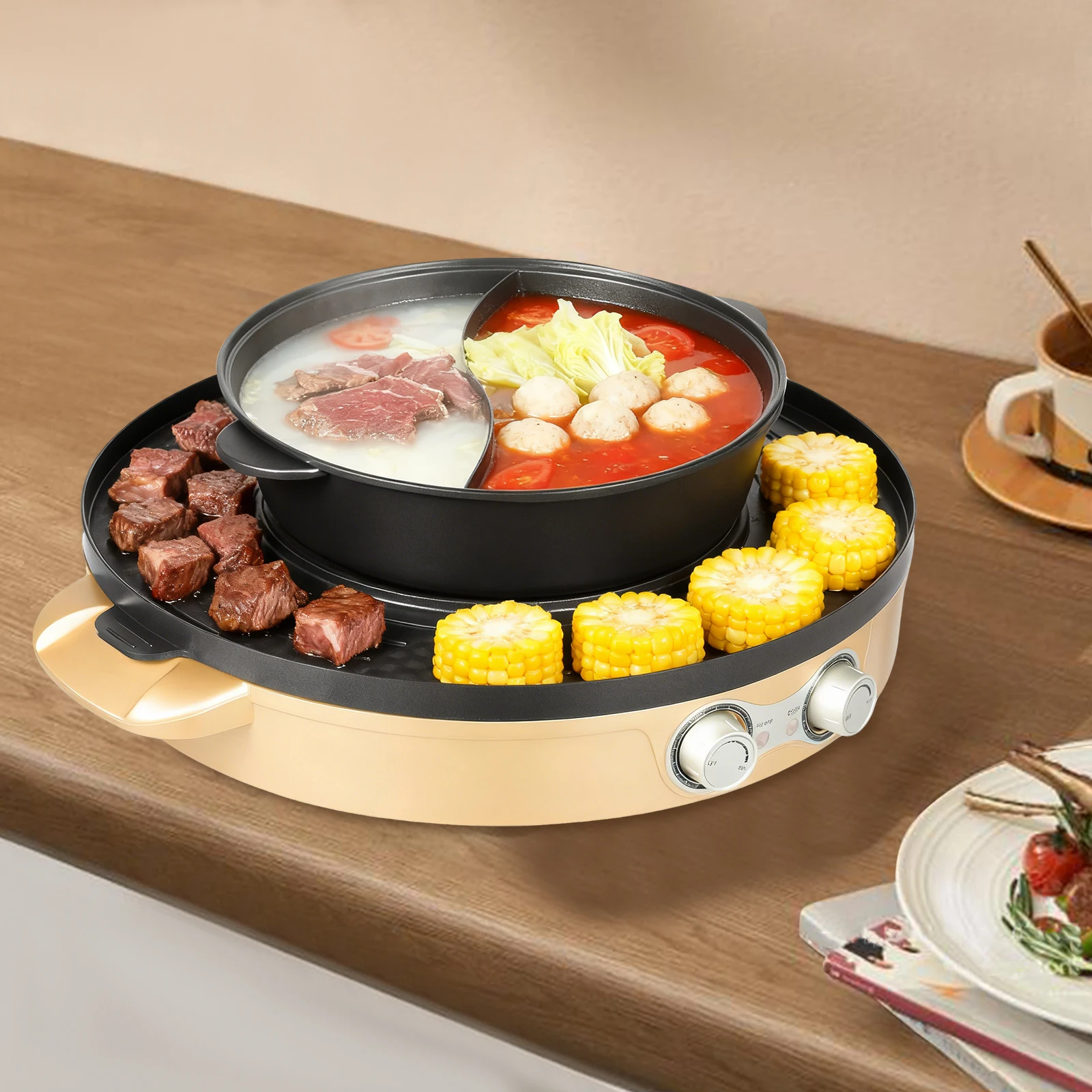 Moderner runder elektrischer Hot Pot mit 2200 W und Grill, 2-in-1-Design, Mandarin-Enten-Topf, Antihaftbeschichtung für Häuser, Restaurants Image