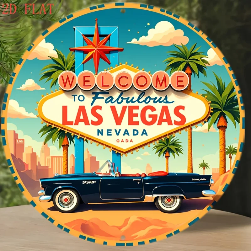 1 Stück Vintage Las Vegas Nevada Neonschild – Retro-Dekor mit klassischen Autos und Palmen – robuste Metall-Wandkunst für Zuhause, Bar Image
