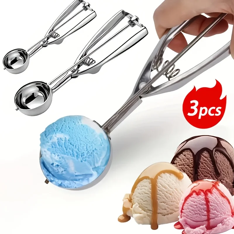 3-teiliger Eisportionierer mit Federgriff, Edelstahl-Keksschöpfer, Kartoffelpüree- und Wassermelonenballen-Schöpfer, Teig-Backwerkzeug für die Küche Image