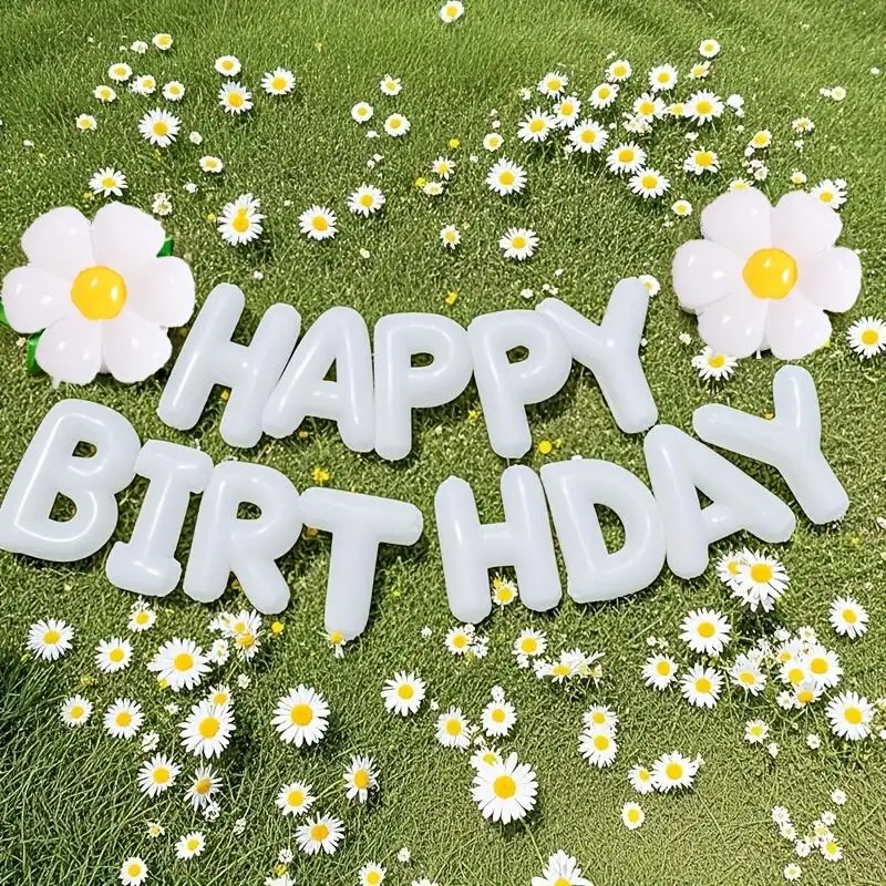 1 Set weißer Gänseblümchen-Folienballon, alles Gute zum Geburtstag, Banner, Heliumballons, Babyparty, Kindergeburtstag, Party, Hochzeit, Dekorationen Image
