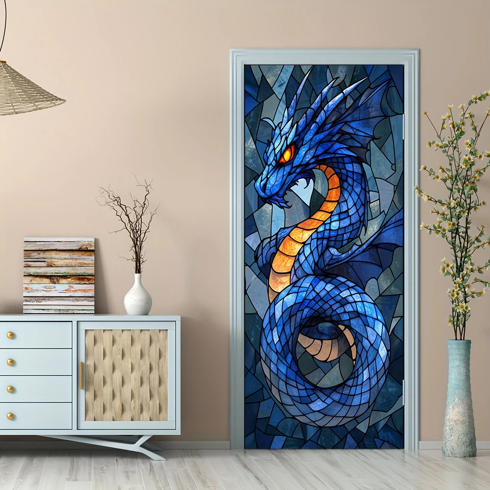 1 Stück selbstklebende, abnehmbare Vinyl-Türaufkleber, blau lackierter, drachenförmiger Türaufkleber im Glasstil, Zuhause, Wohnzimmer, Schlafzimmer Image