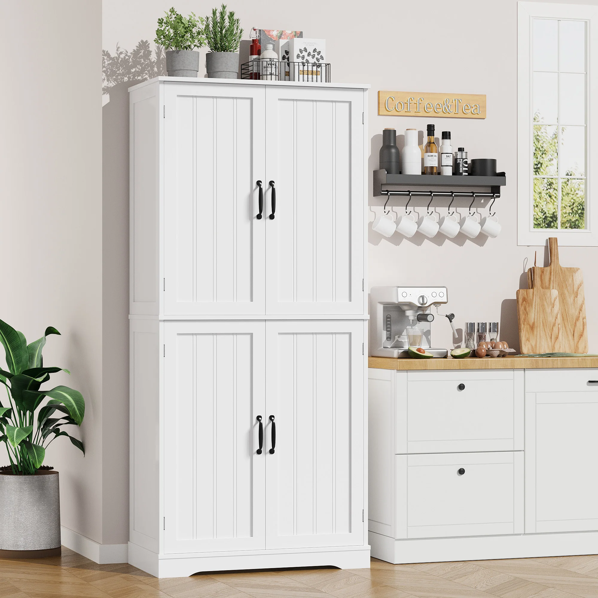 Küchenschrank, 180 cm Hochschrank Küchenbuffet, Buffetschrank mit 4 Türen, Esszimmerschrank für Wohnzimmer, Küche, 180×80×40 cm,