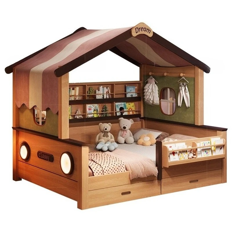Kinderbett integriertes platzsparendes Bett mit Geländer Doppel-Tatami-Mädchen-Baumhaus Prinzessin 1,35 Kinder- und Mutterbett Image