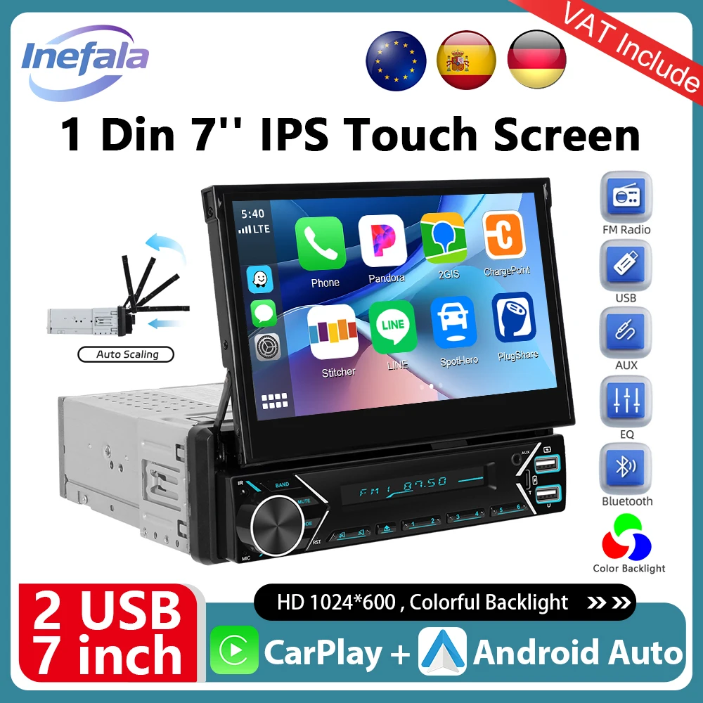 Podofo 1 Din MP5-Player 7-Zoll-Carplay Android Auto Universelles manuelles automatisches einziehbares Touchscreen-Auto-Player FM-Radio Image
